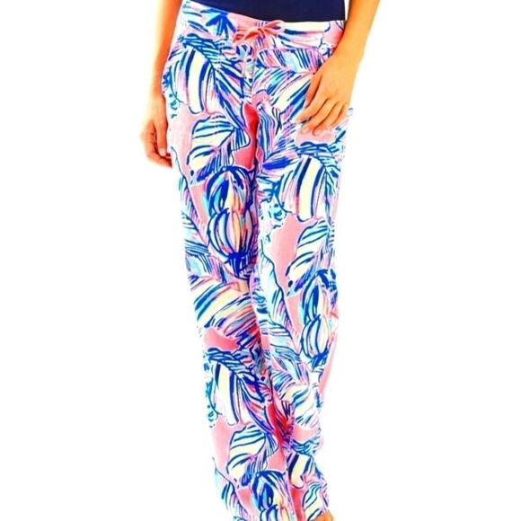 Lilly Pulitzer Tiki Pink Cabana Crazed Linen Galley Beach Pants Size 00